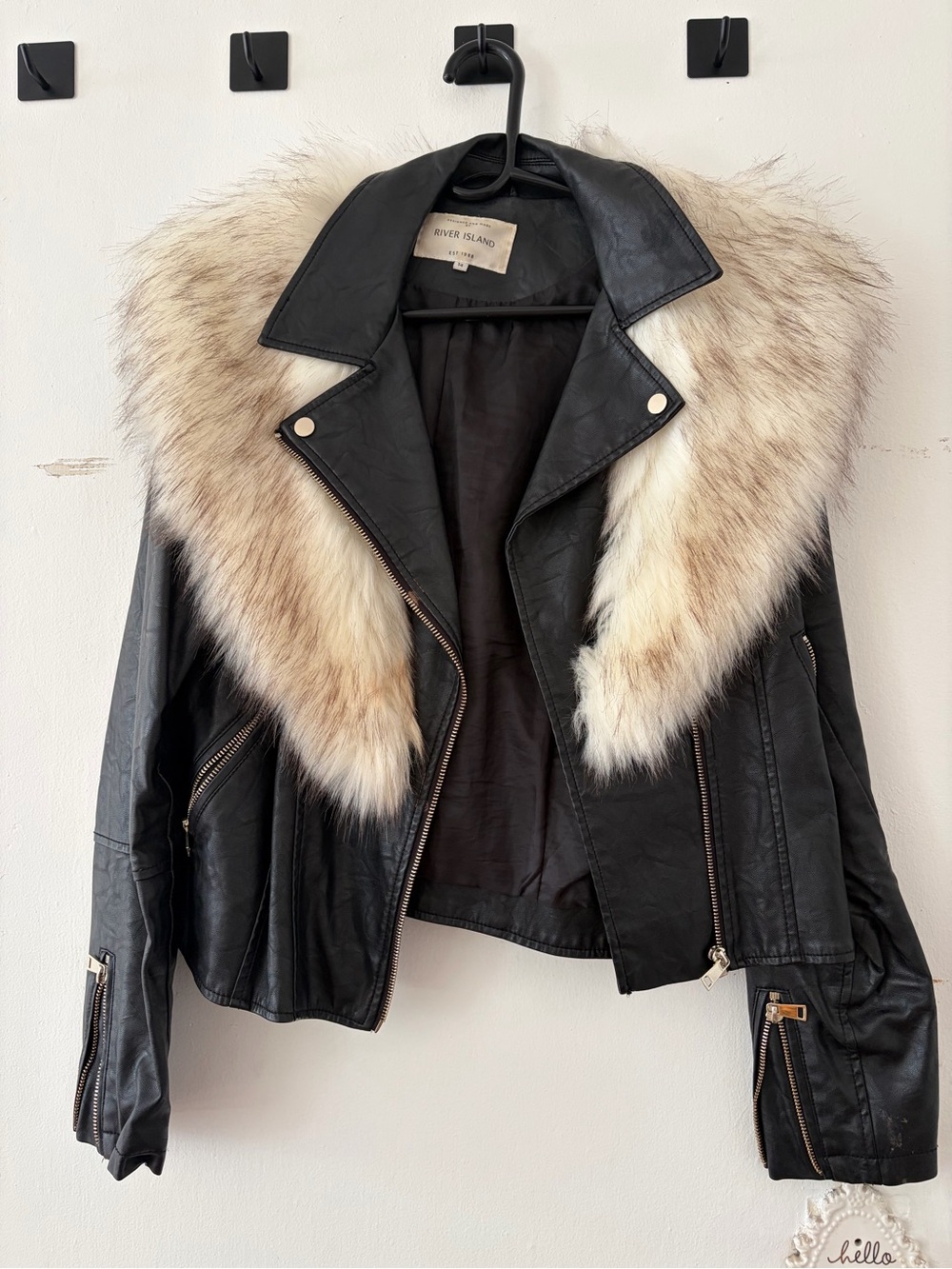 river island faux leather faux fur biker jacket size 14(UK) 10/12(US)
